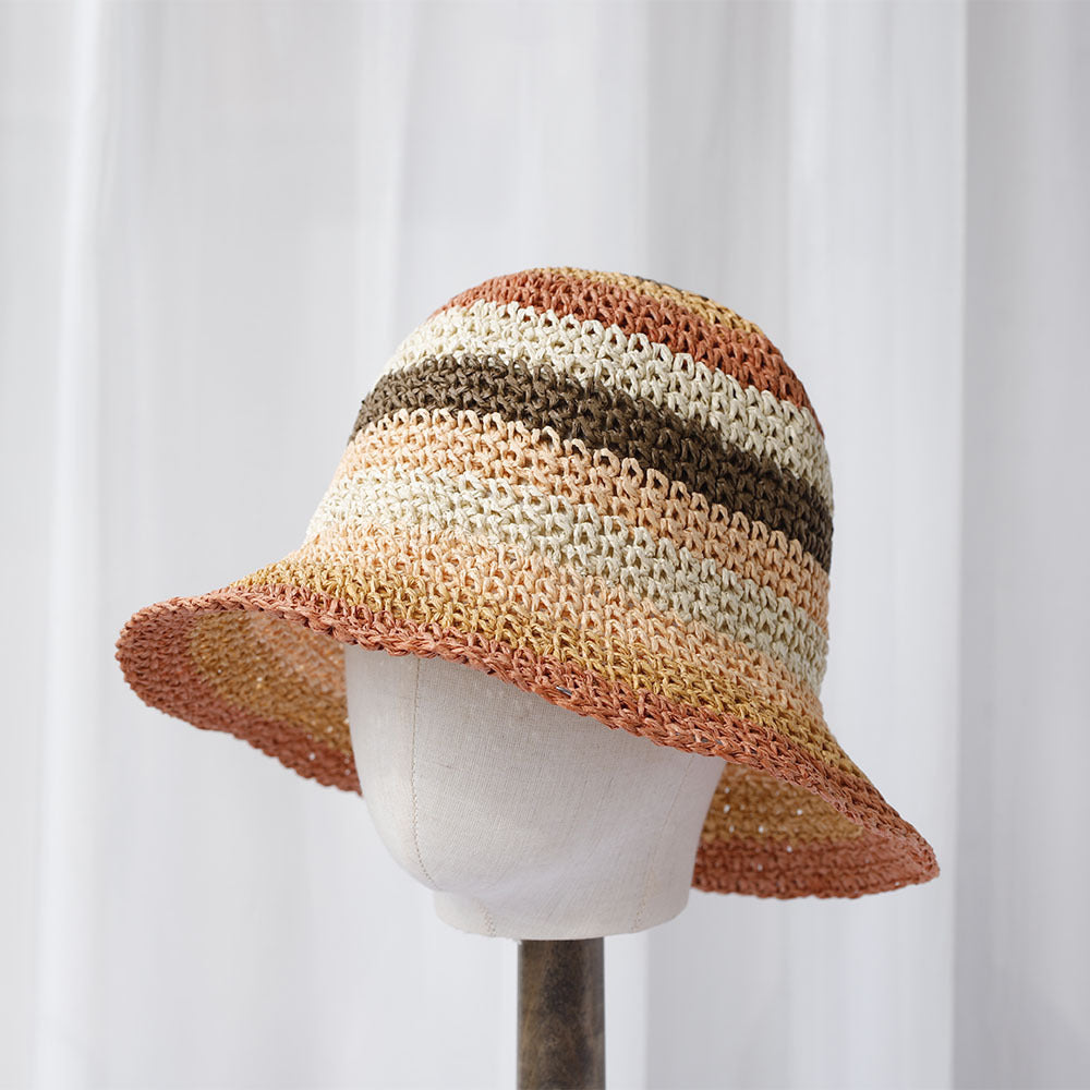 Striped Handmade Crocheted Rainbow Straw Hat For Women Foldable Sun-proof