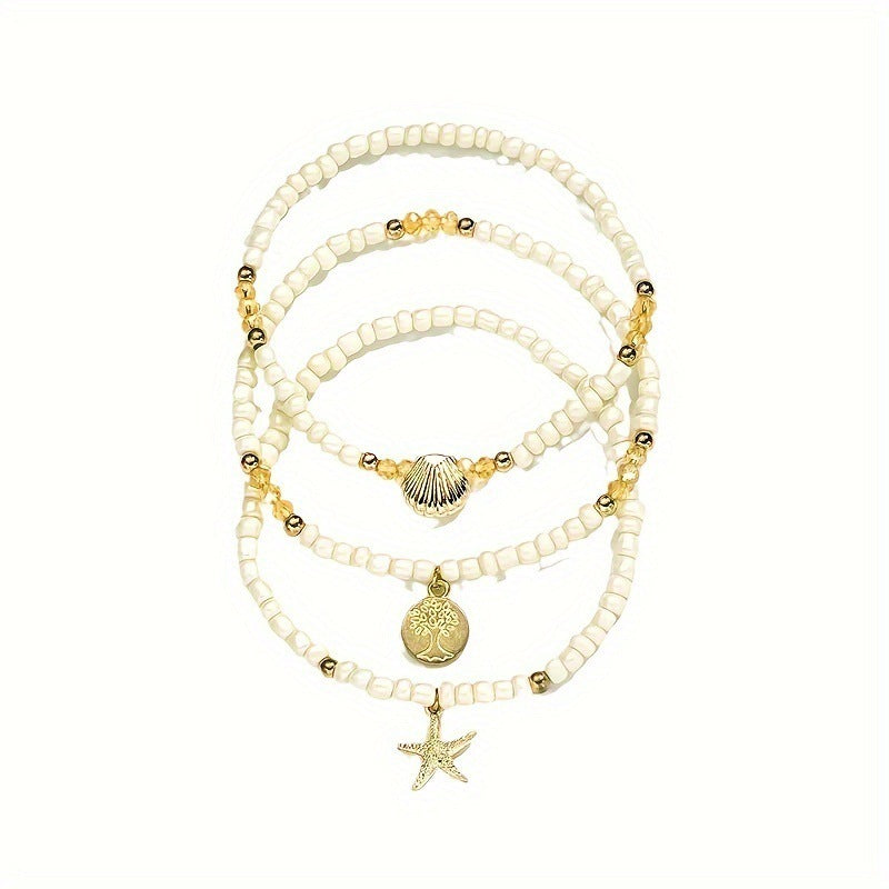 Multi-layer White Rice Bead Shell Starfish Anklet
