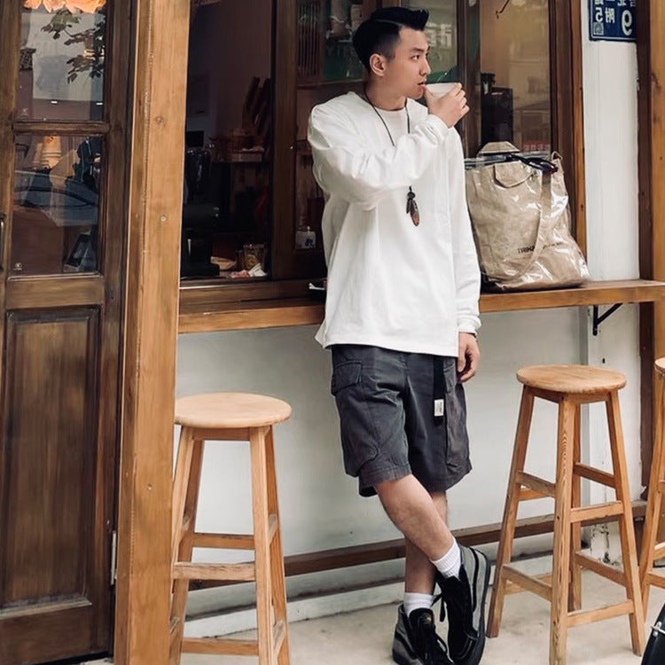 Japanese Red Rope Solid Color Long Sleeve T-shirt Men