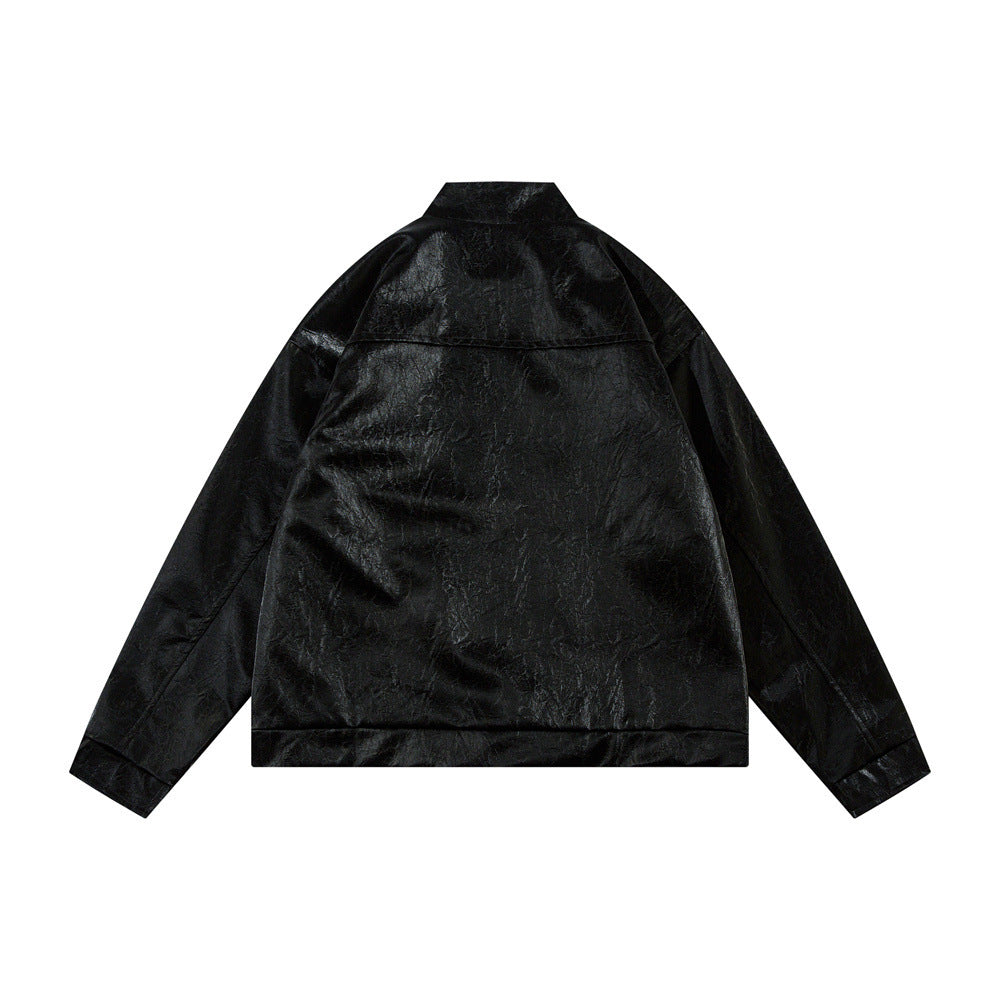 Men's Split Splicing Solid Color Loose Standing Collar Leather Jacket