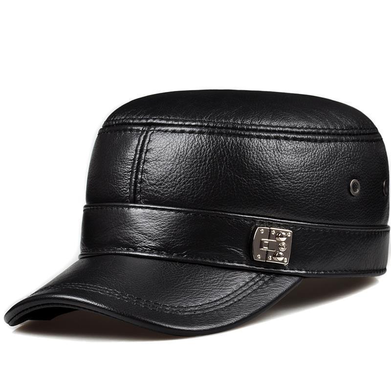 Leather Hat for Men Warm Flat Top Ear Protection