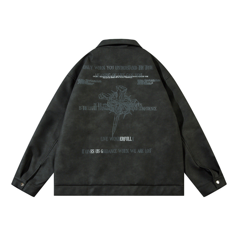 Men's Cross Print Loose Leather Jacket