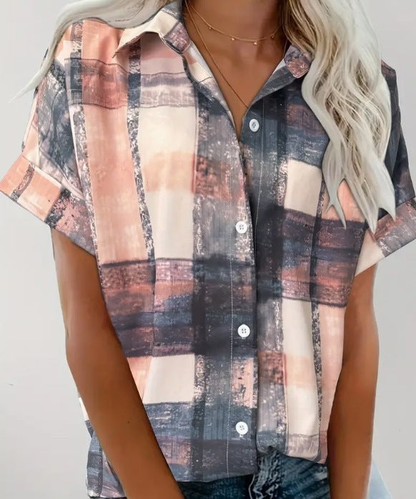 Striped Print Button Front Short Sleeved Shirt
