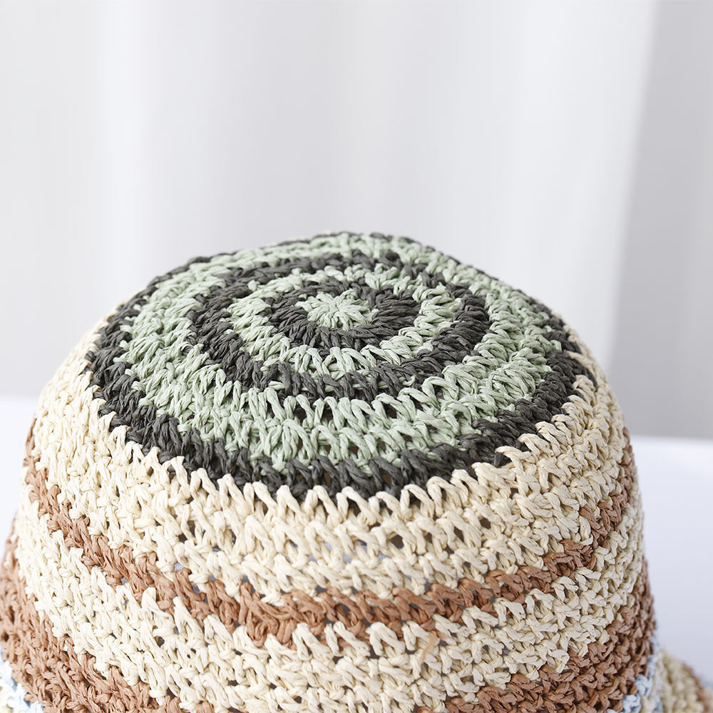 Striped Handmade Crocheted Rainbow Straw Hat For Women Foldable Sun-proof