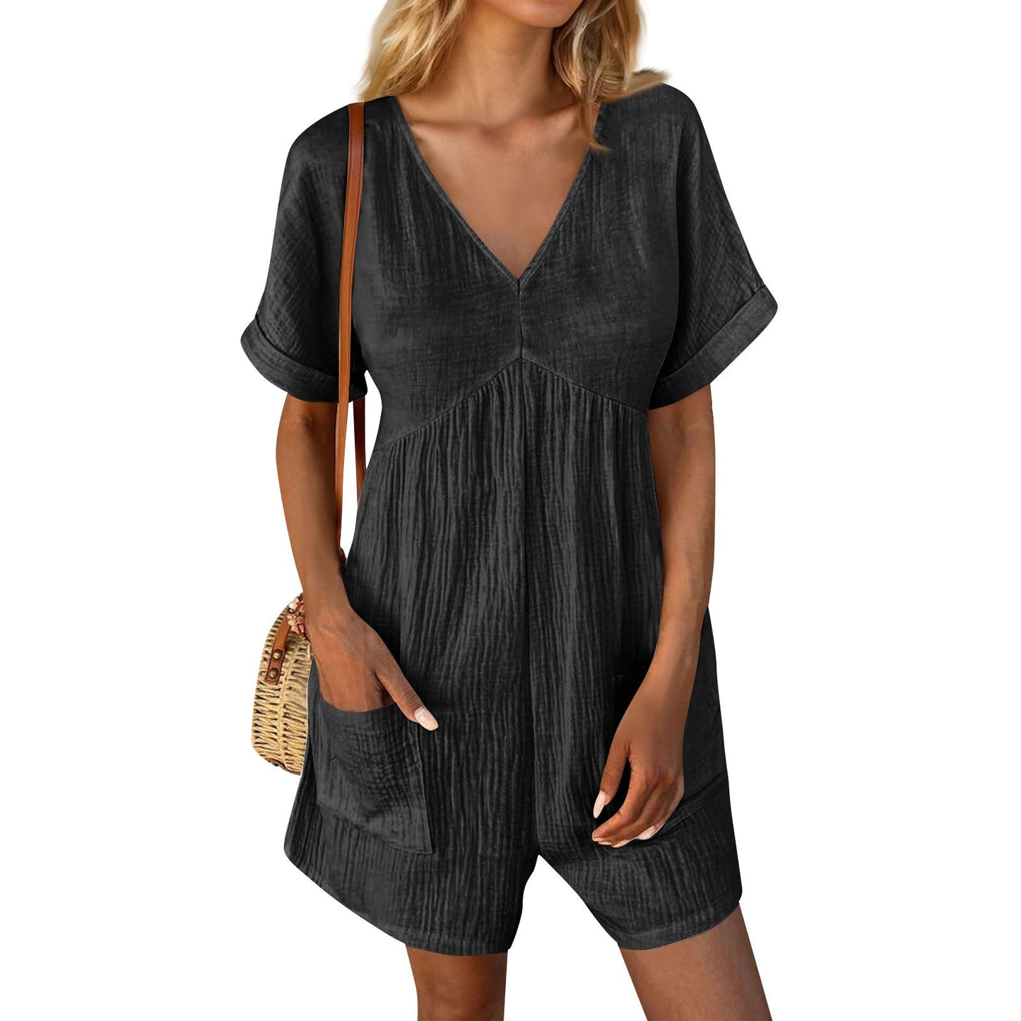 Solid Color V-neck Bat Sleeve Jumpsuit with Pockets