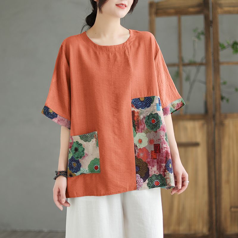 Retro Loose Color-Block Printed Top