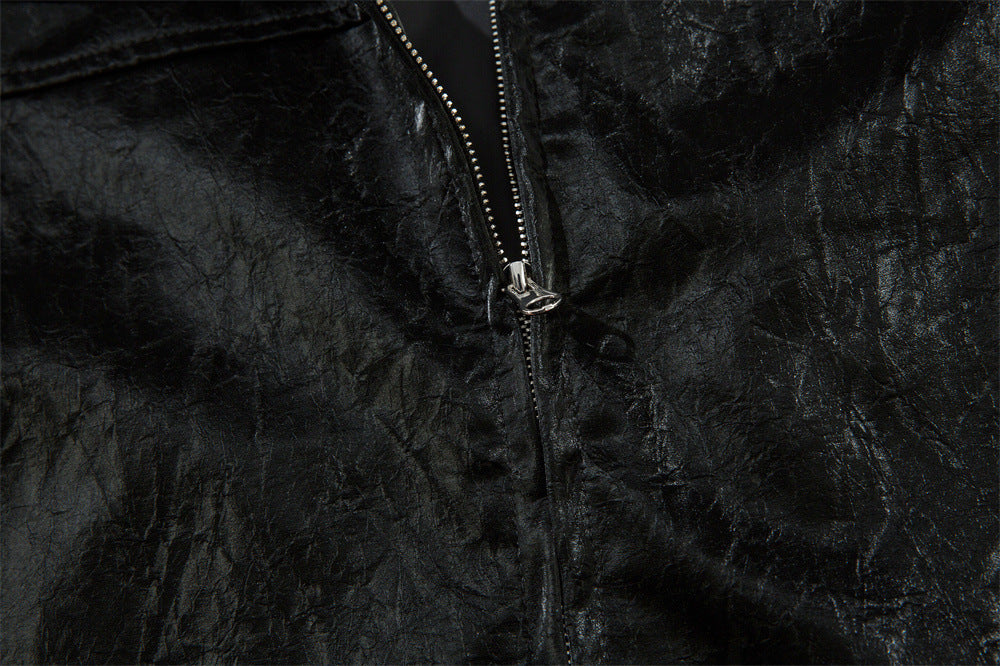 Men's Split Splicing Solid Color Loose Standing Collar Leather Jacket