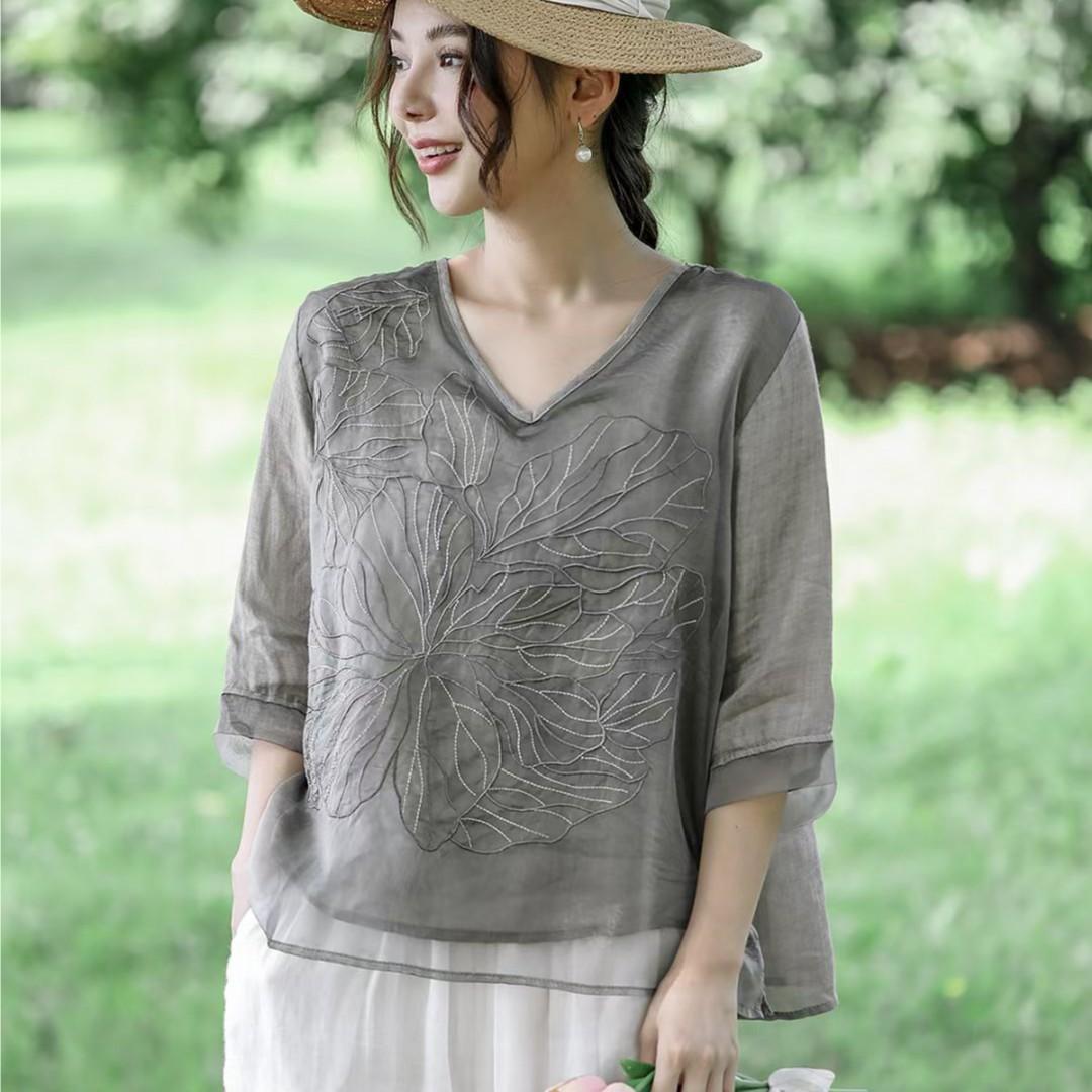 Machine Embroidery Cotton And Linen Shirt For Women