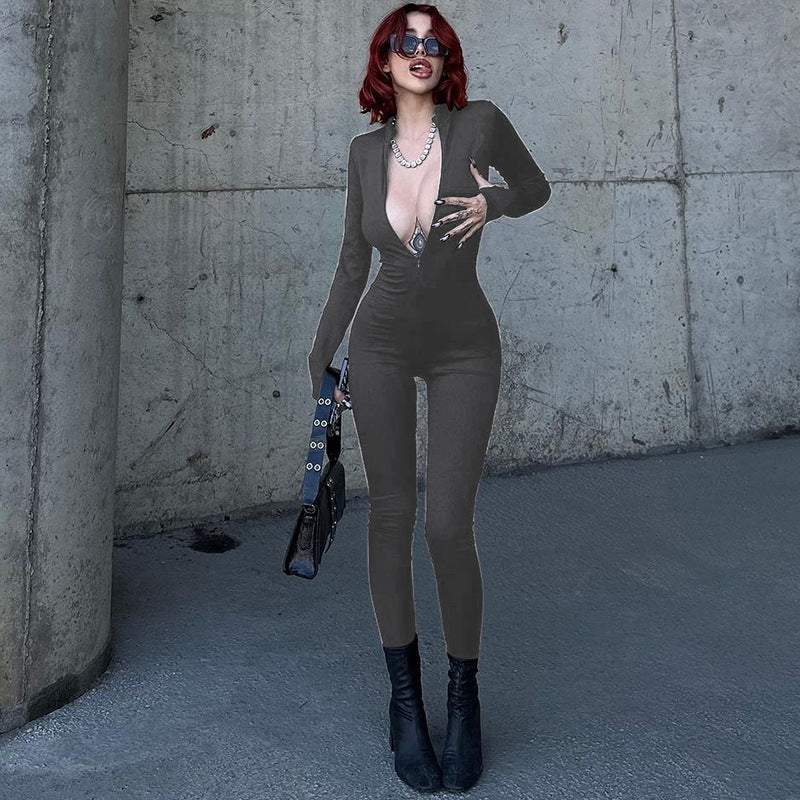 Women's Fashion Zipper Chest Slim-Fit Long-Sleeve Stretch Jumpsuit