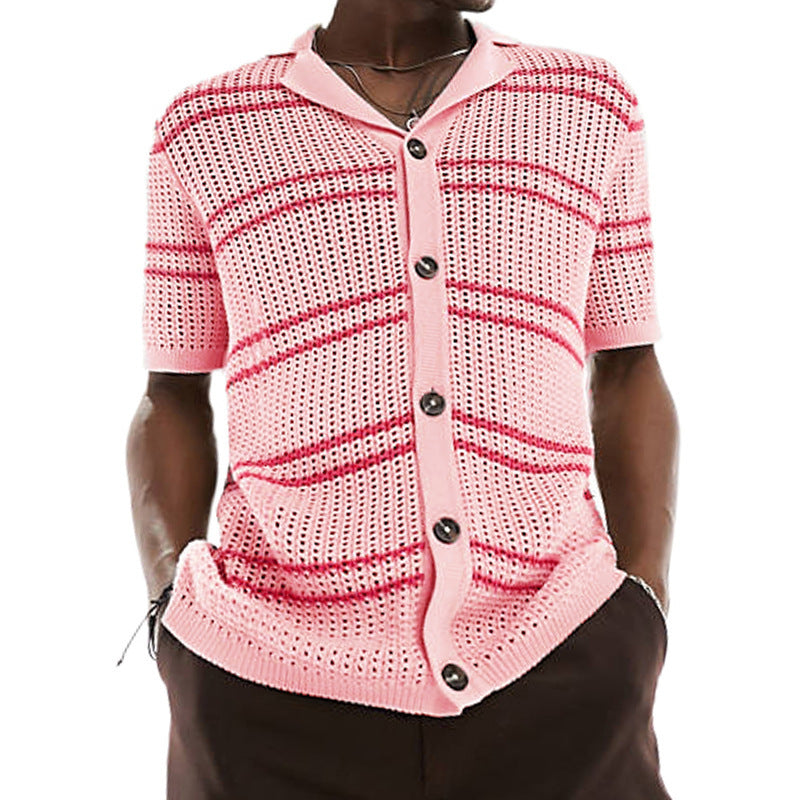 Men's Knitwear Lapel Short Sleeve Hollow Cardigan