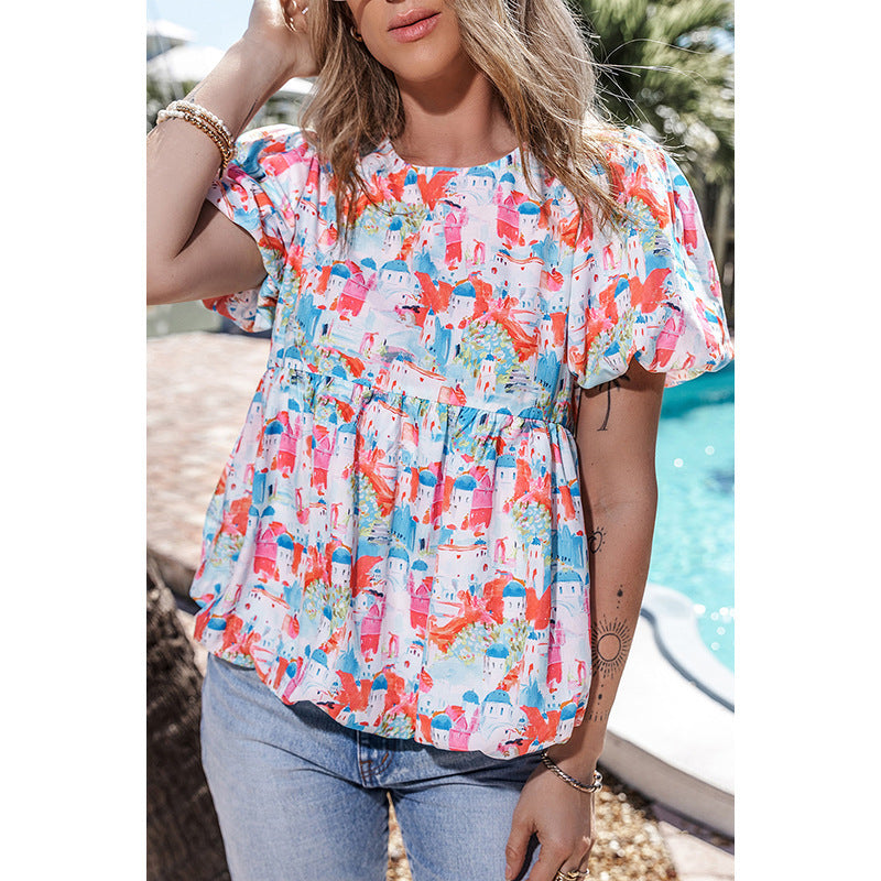Women's Cute Contrast Color Stitching Round Neck Short-Sleeved Shirt