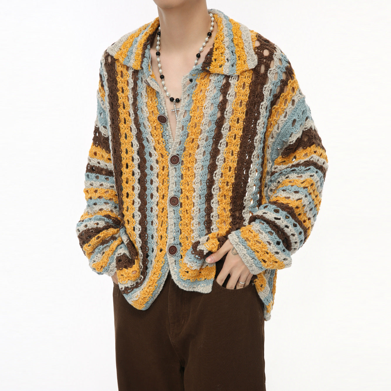 Rainbow Bar Contrast Color Hollow Knitted Cardigan