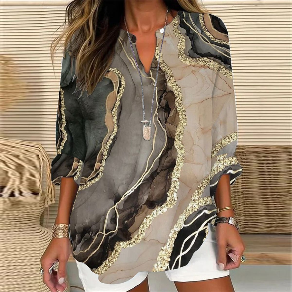 Independence Day Floral Long Sleeve V-Neck T-shirt