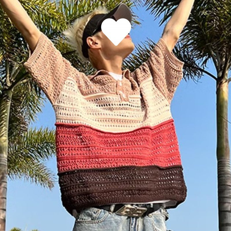 Retro Striped Lapel Knitted Summer Couple's Shirt