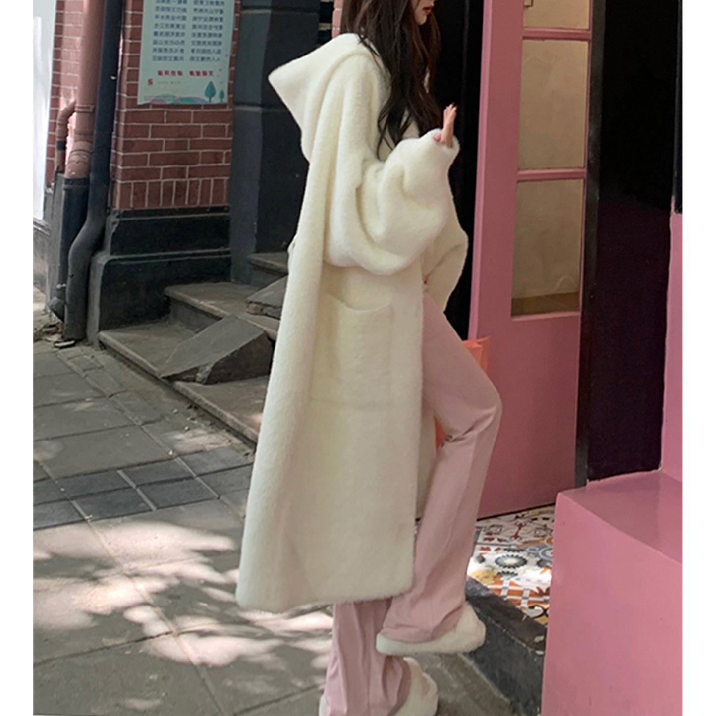 Women's Hooded Fur Cardigan, Thick Knit Handmade Spring Coat