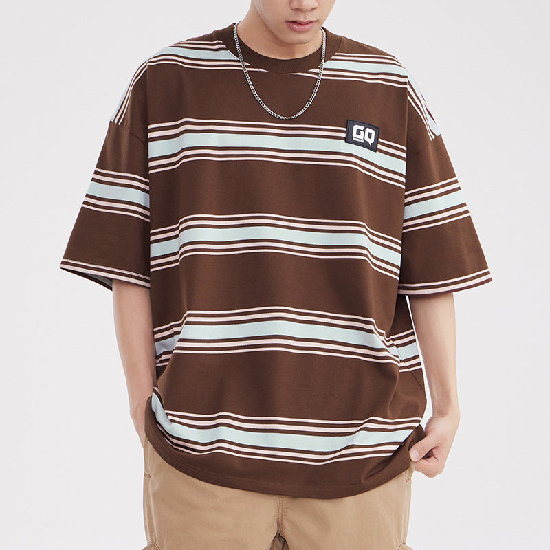 Vintage Stripe Niche Couple Loose Half Sleeve Top