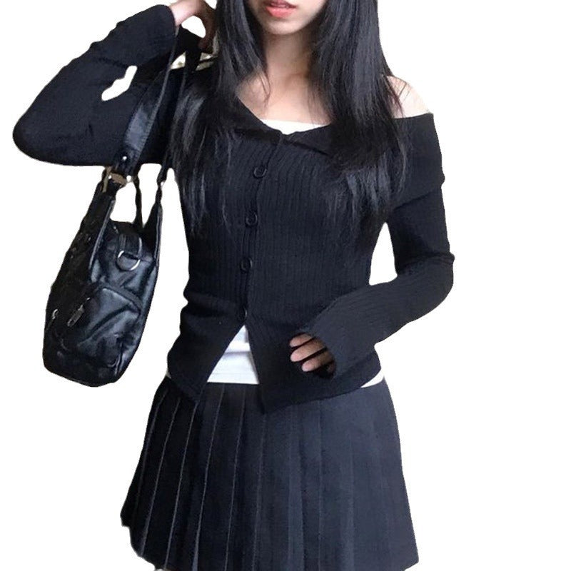Off-Shoulder Knitted Lapel Cardigan