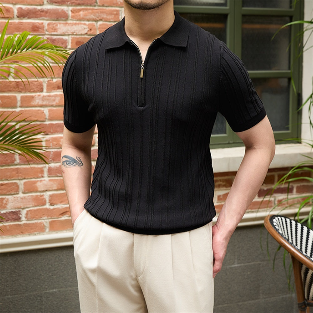 Slim Fit Sunken Stripe Knit Short Sleeve