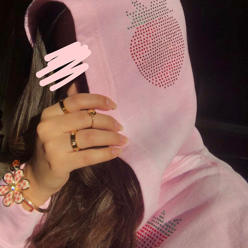 Women's Loose Strawberry Pattern Rhinestone Zipper Hoodie Coat