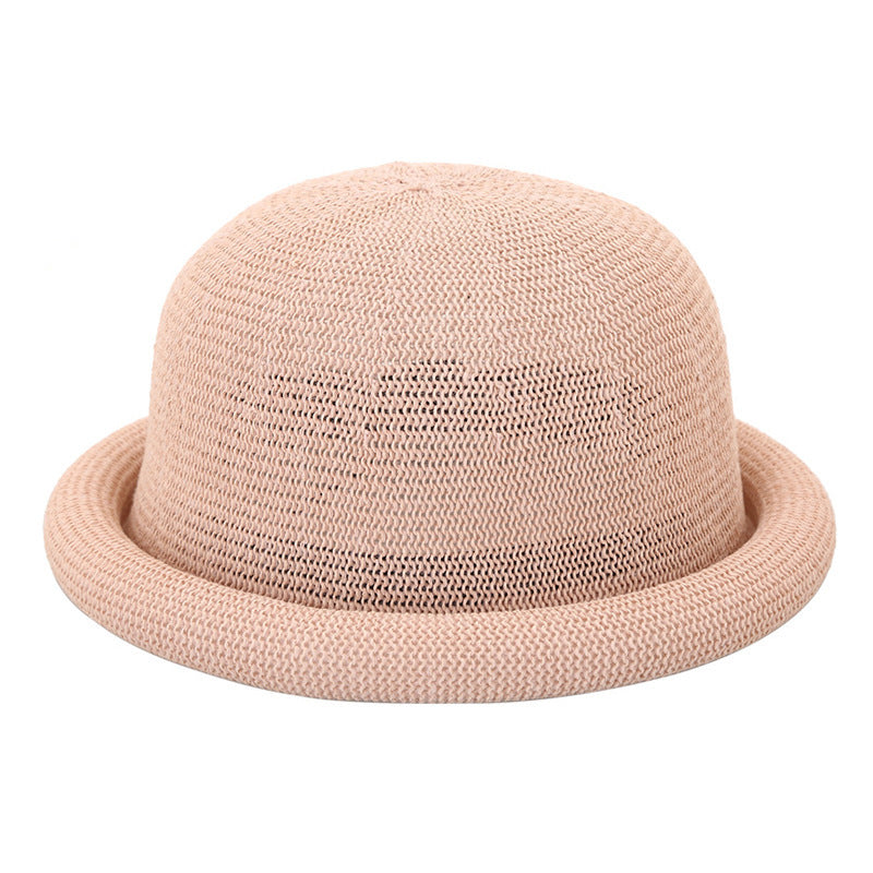 Women's Straw Yarn Curled Brim Round Crown Top Hat Leisure Basin Hat