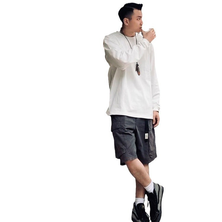 Japanese Red Rope Solid Color Long Sleeve T-shirt Men
