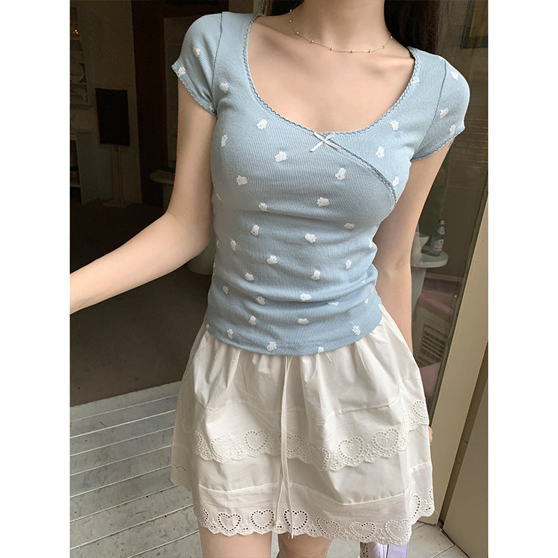 Bow Short-sleeved T-shirt Scoop Short Desire Style T-shirt