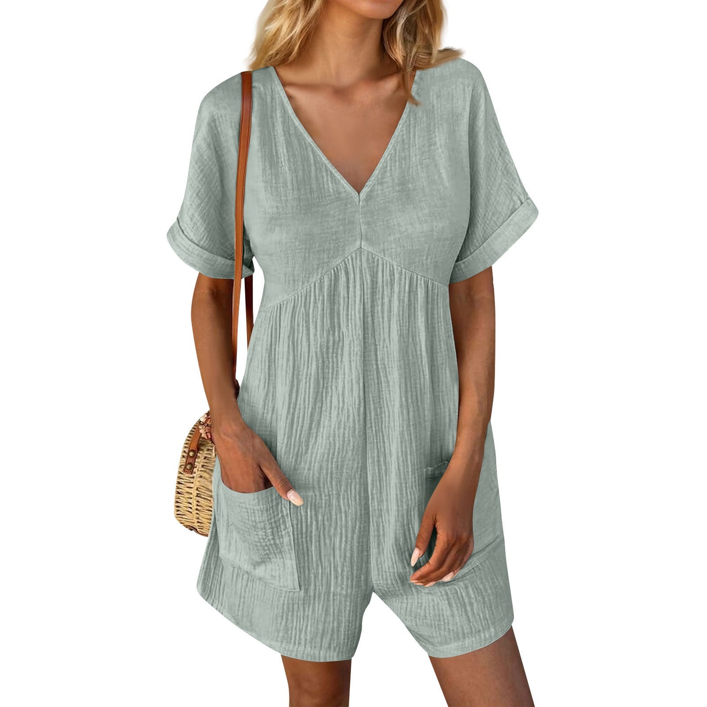 Solid Color V-neck Bat Sleeve Jumpsuit with Pockets