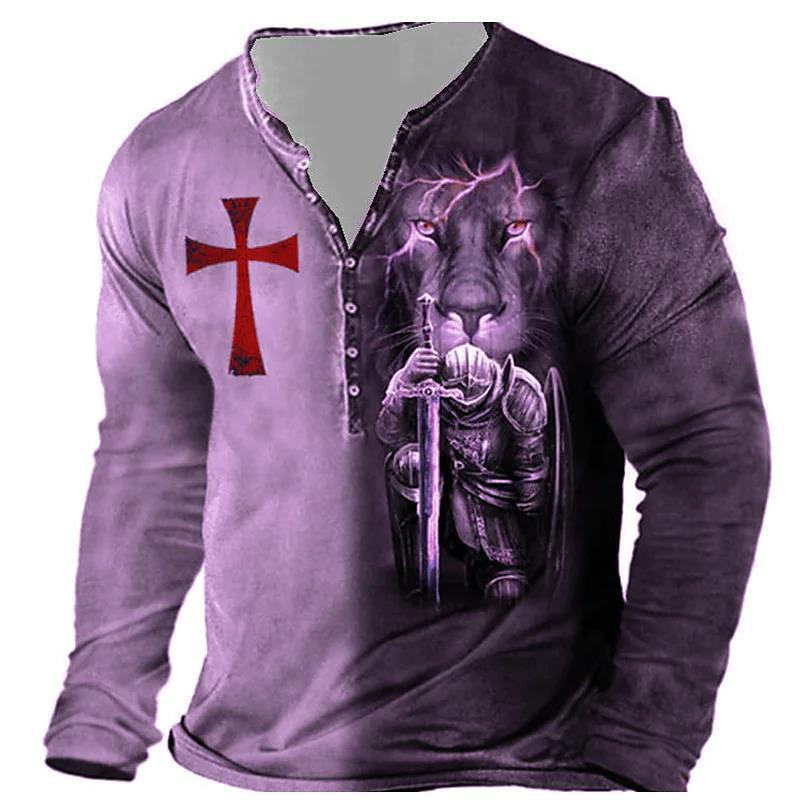 Open Placket Button Digital Print Long Sleeve T-shirt
