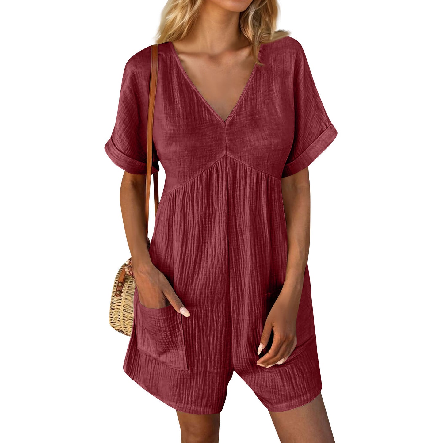 Solid Color V-neck Bat Sleeve Jumpsuit with Pockets