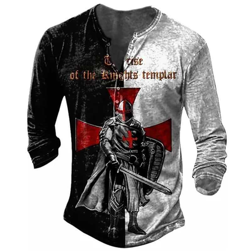 Open Placket Button Digital Print Long Sleeve T-shirt
