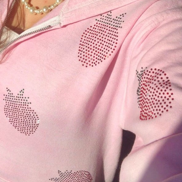 Women's Loose Strawberry Pattern Rhinestone Zipper Hoodie Coat