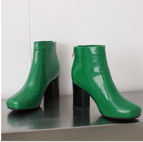 Solid Color Patent Leather High Heel Ankle Boots