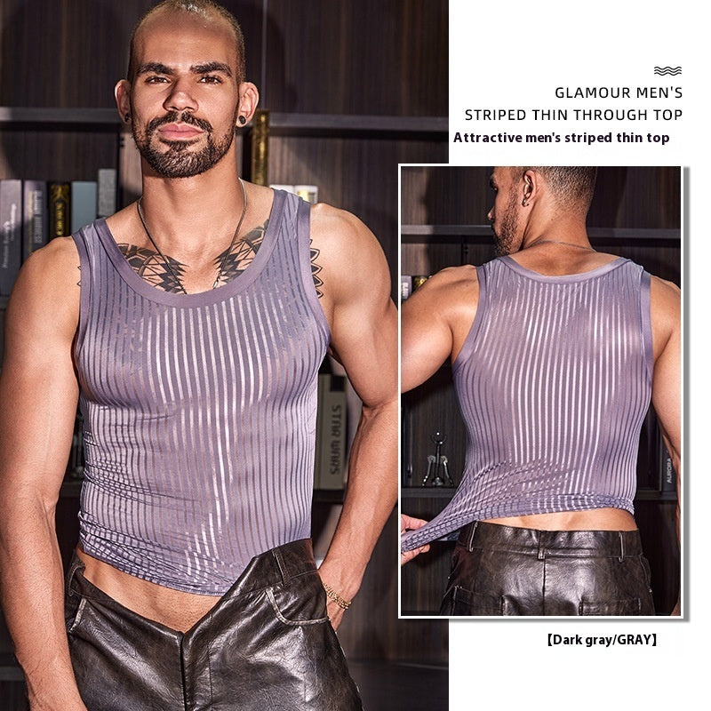 New Men's Cross-strap Striped Thin Transparent Elastic Vest
