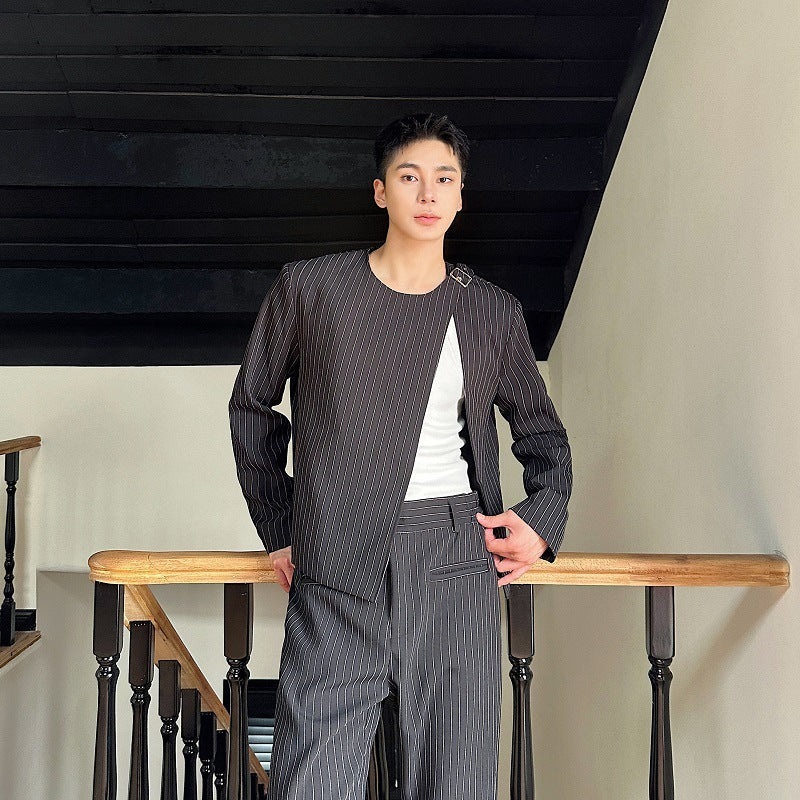 Bootcut Casual Autumn Striped O-neck Short Suit