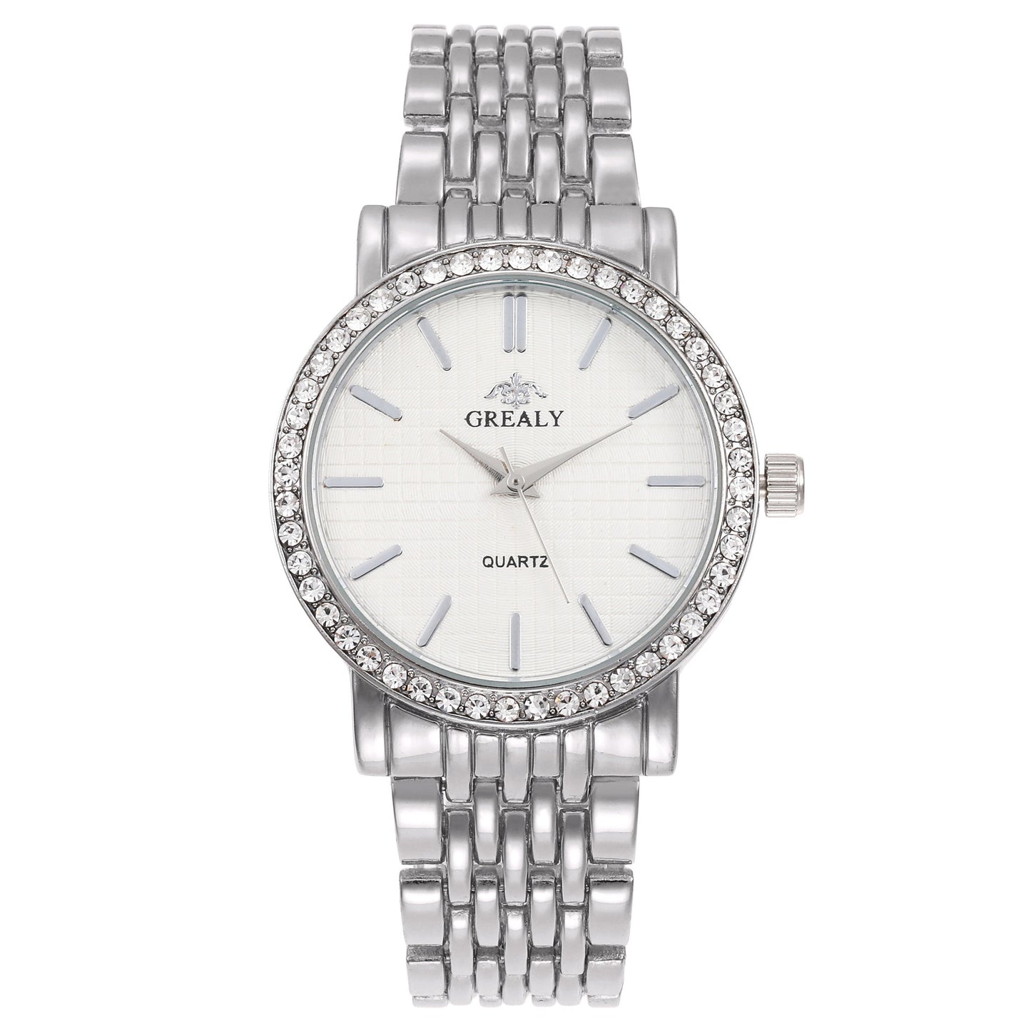 Simple Casual Quartz Watch with Steel Strap and Diamond Detailing