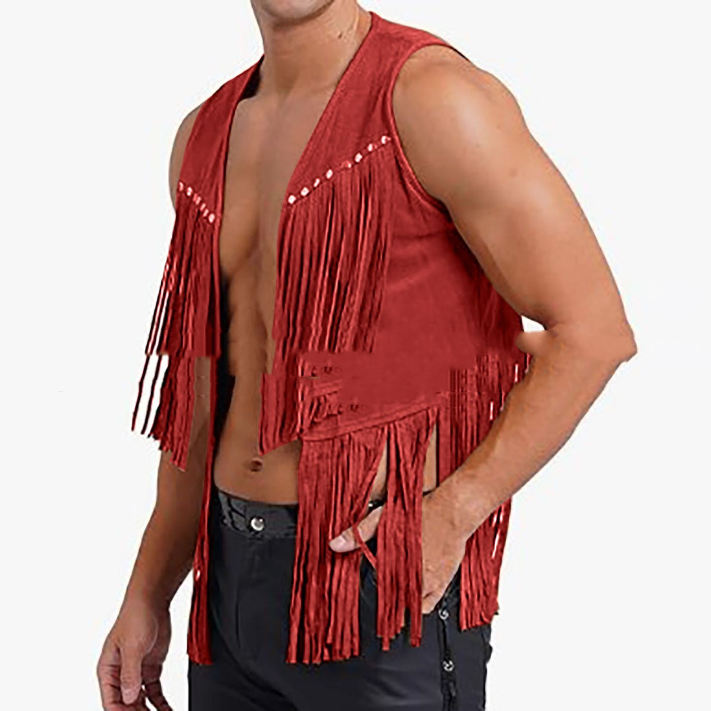 Men's Suede Sleeveless Vneck Rivet Tassel