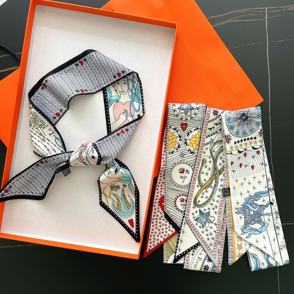 Tarot Series Duplex Printing Twill Silk Scarves with Tied Bag Handles
