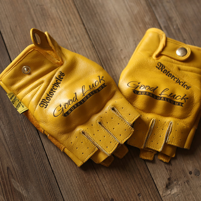 Yellow Cowhide Half Finger Motorcycle Gloves