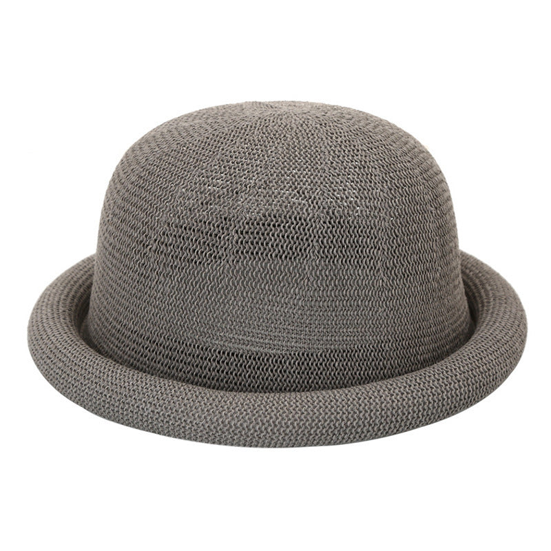 Women's Straw Yarn Curled Brim Round Crown Top Hat Leisure Basin Hat