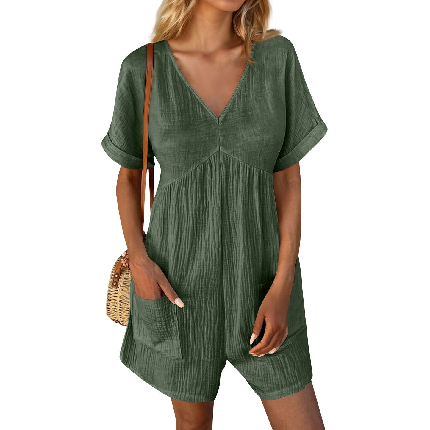 Solid Color V-neck Bat Sleeve Jumpsuit with Pockets