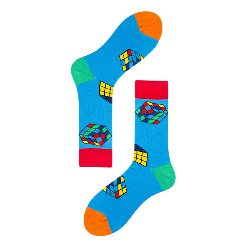 Men's Mid-calf Colorful Guitar Cat Face Cotton Socks