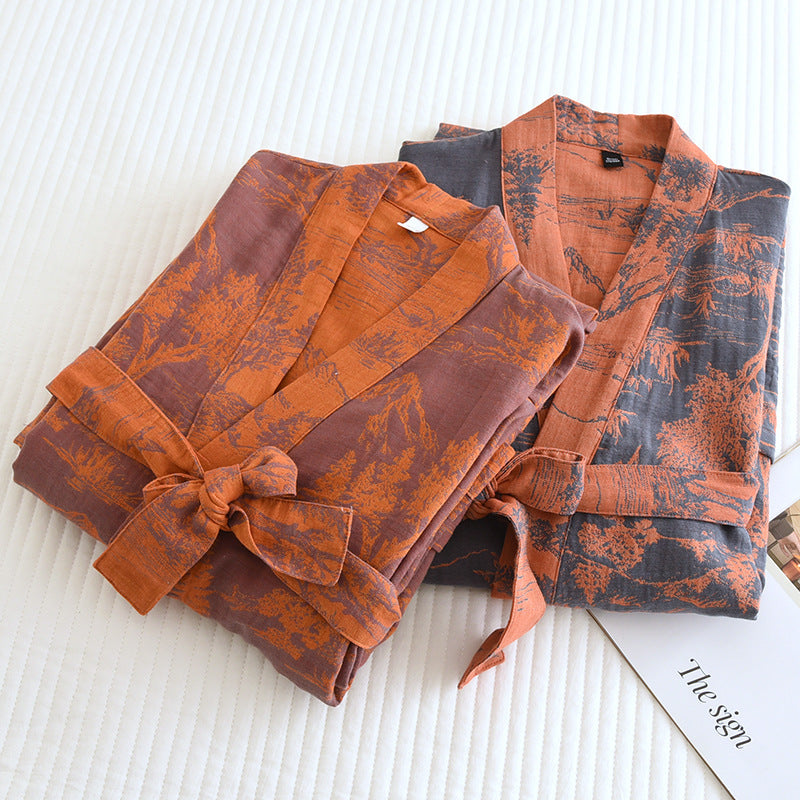 Couple Cotton Loose Lace Bathrobe Jacquard Pajamas