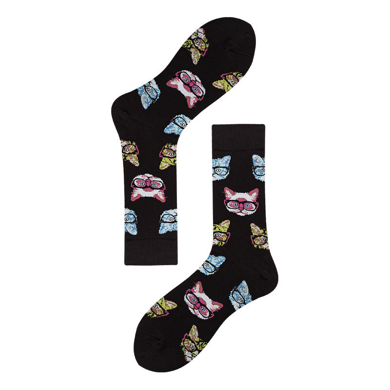 Men's Mid-calf Colorful Guitar Cat Face Cotton Socks