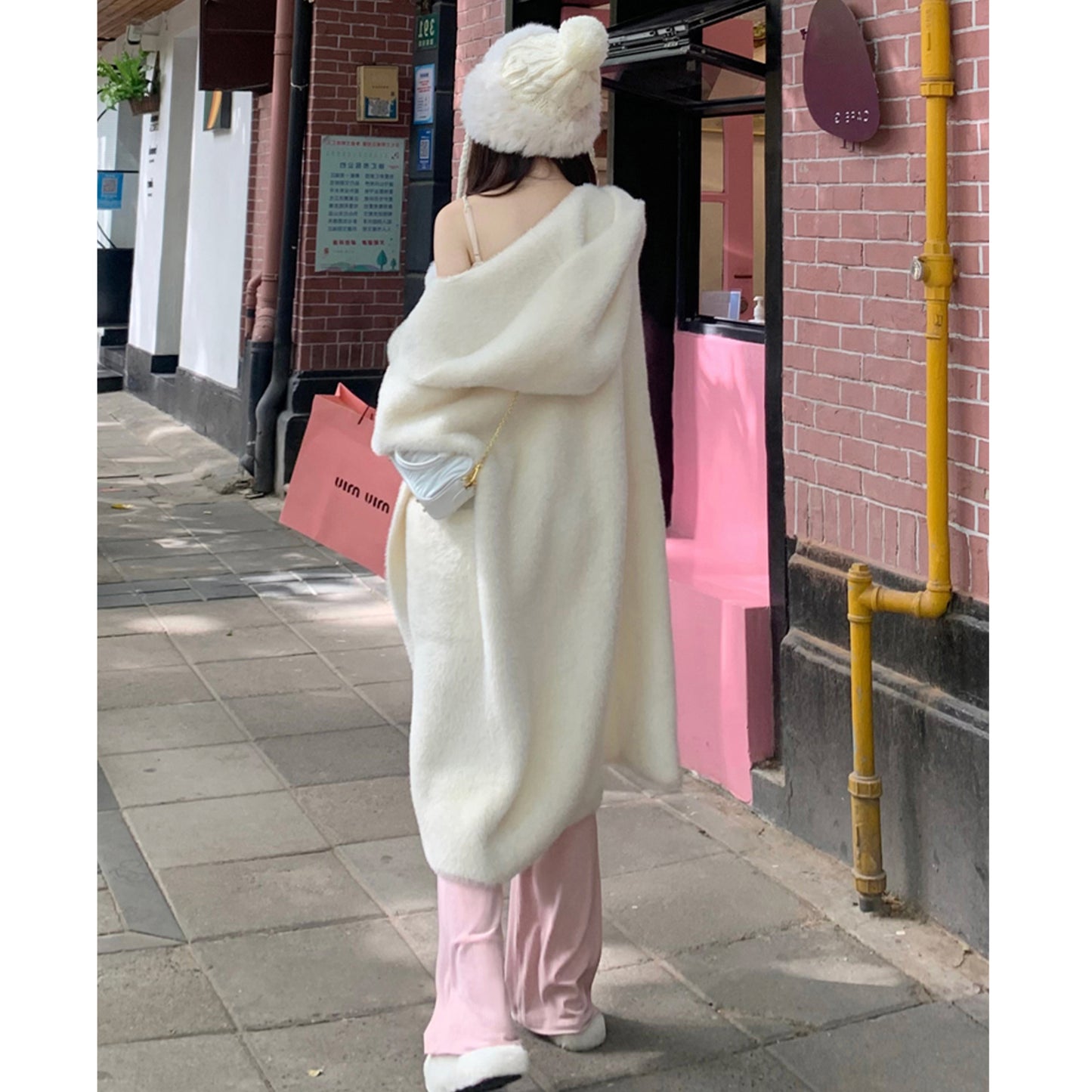 Women's Hooded Fur Cardigan, Thick Knit Handmade Spring Coat