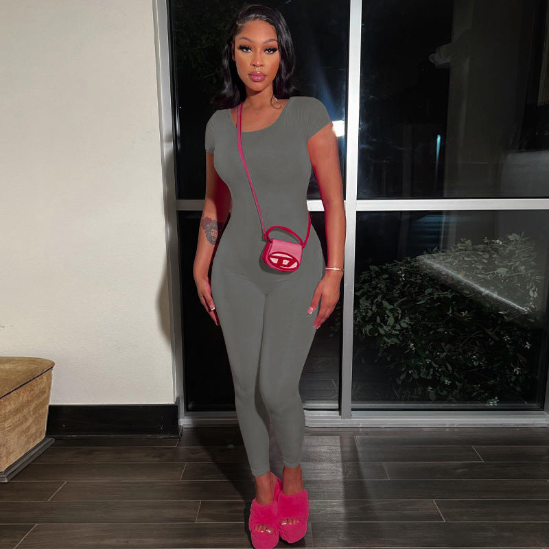 Women's Casual Solid Color Round Neck Backless Skinny One-Piece Trousers