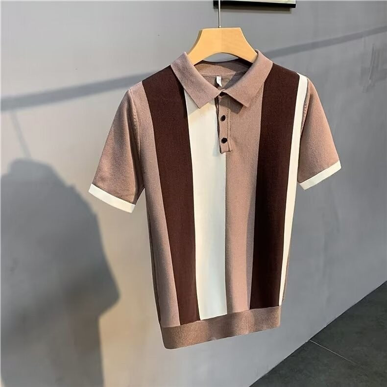 Short Sleeve Men's Vintage Stripe Zipper Shirt