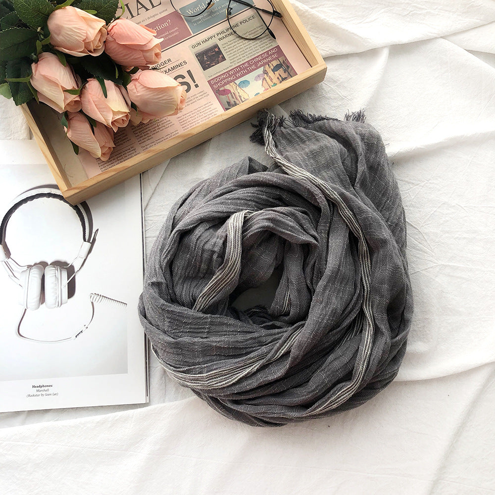 Japanese Korean Striped Solid Color Cotton And Linen Scarf