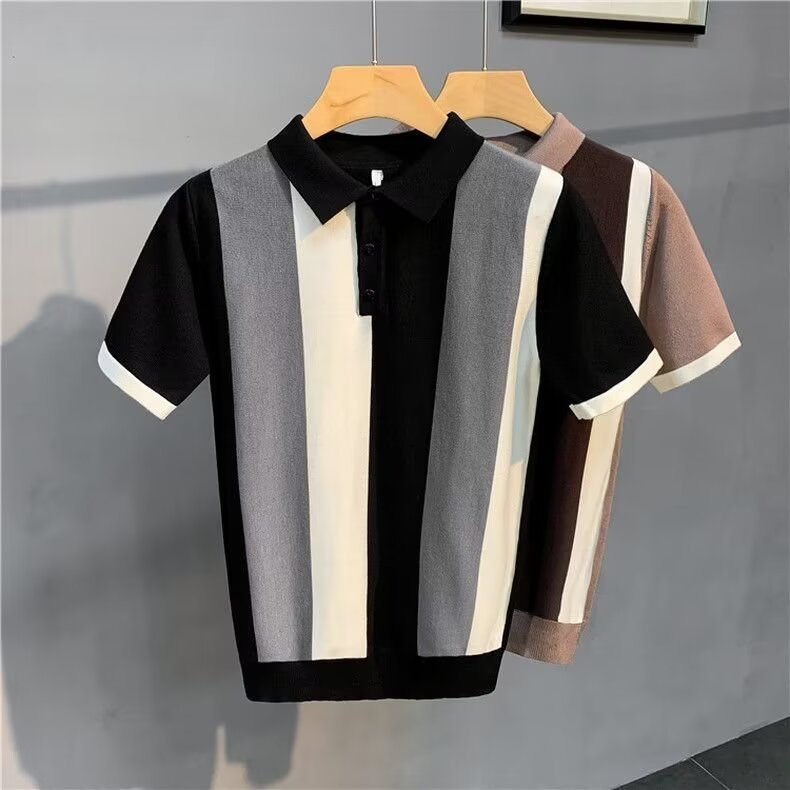 Short Sleeve Men's Vintage Stripe Zipper Shirt