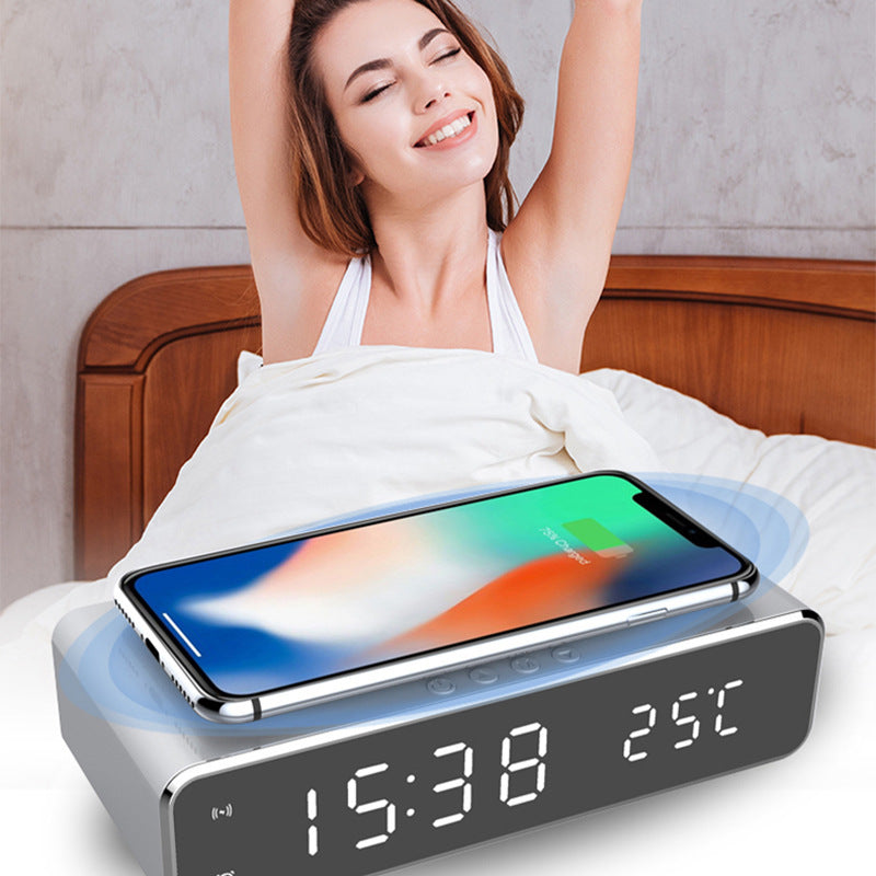 LED Alarm Clock Wireless Charger Thermometer Mirror Clock