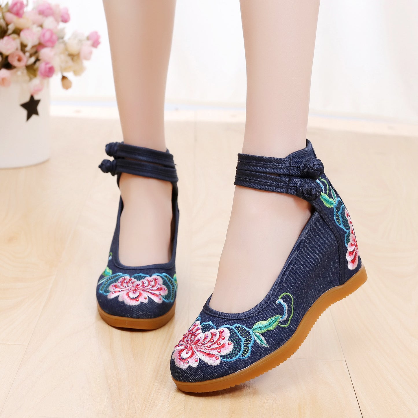 Women's Rhinestone Ethnic Style Double Buckle Canvas High Heels